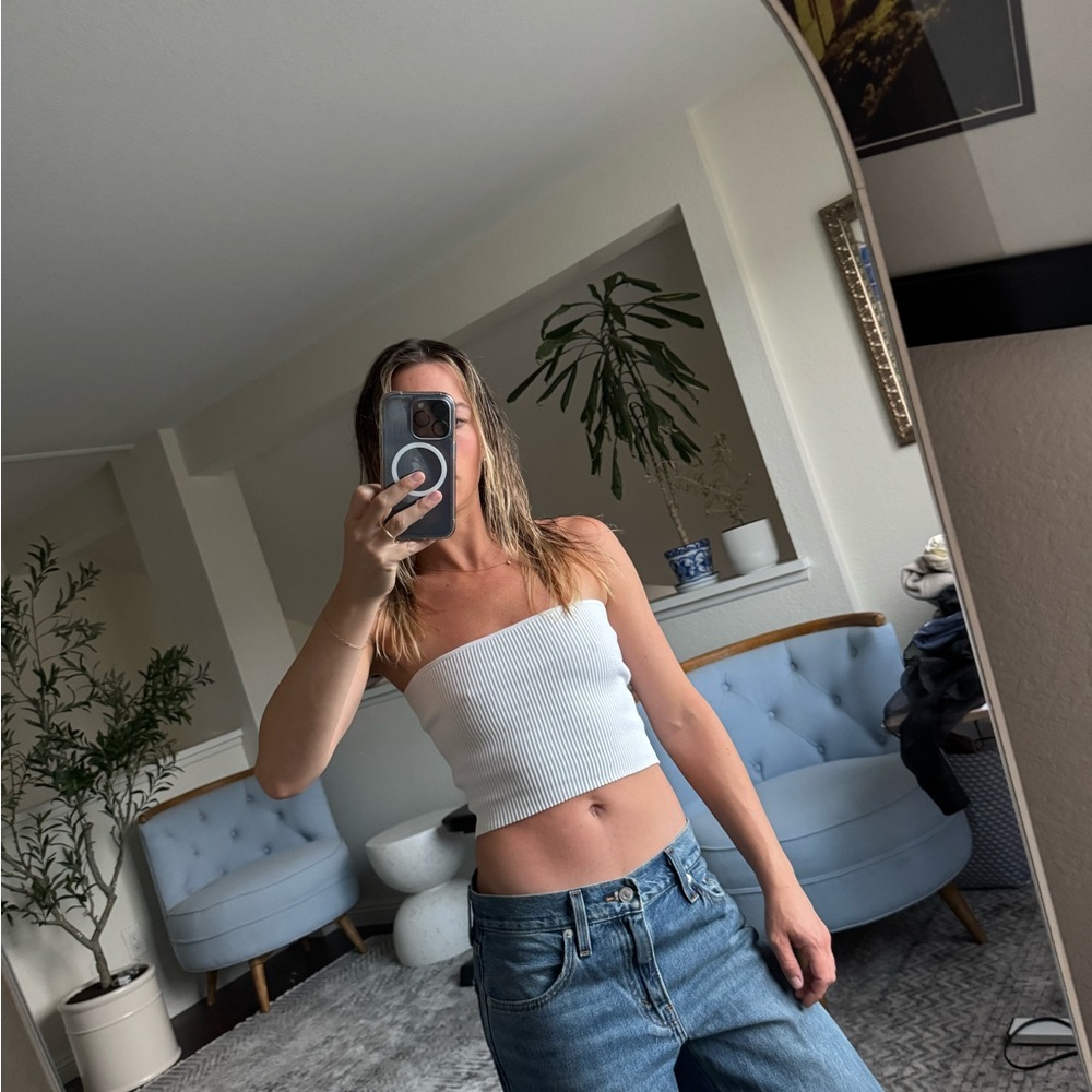 Babaton White Strapless Ribbed Tank Top